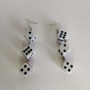 Three White Dice Dangle Earrings Novelty Fun Art to Wear Kidcore Pierced Hook